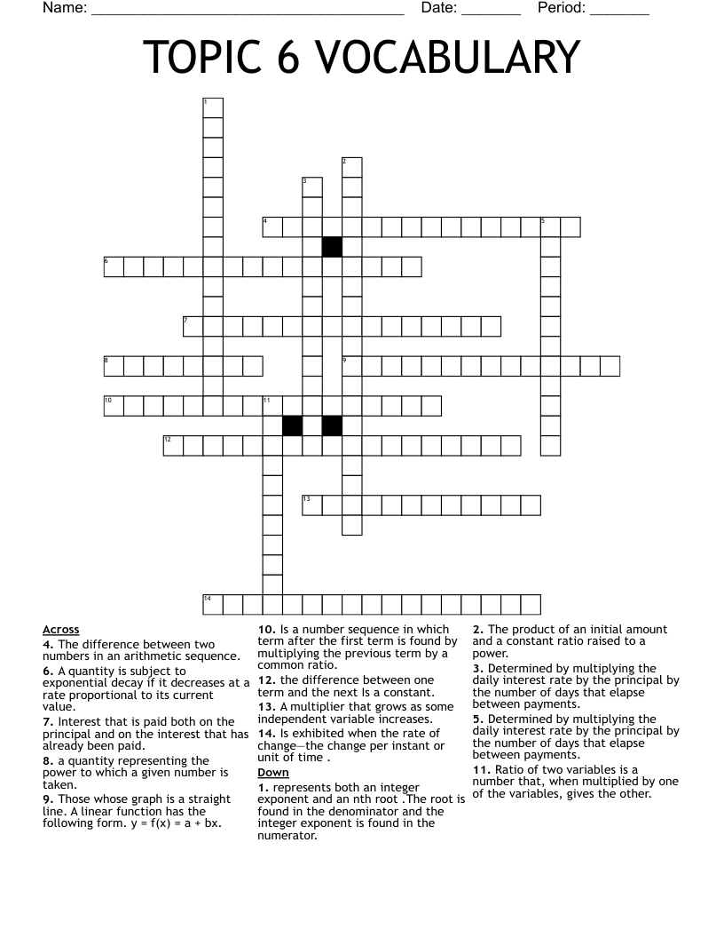 TOPIC 6 VOCABULARY Crossword