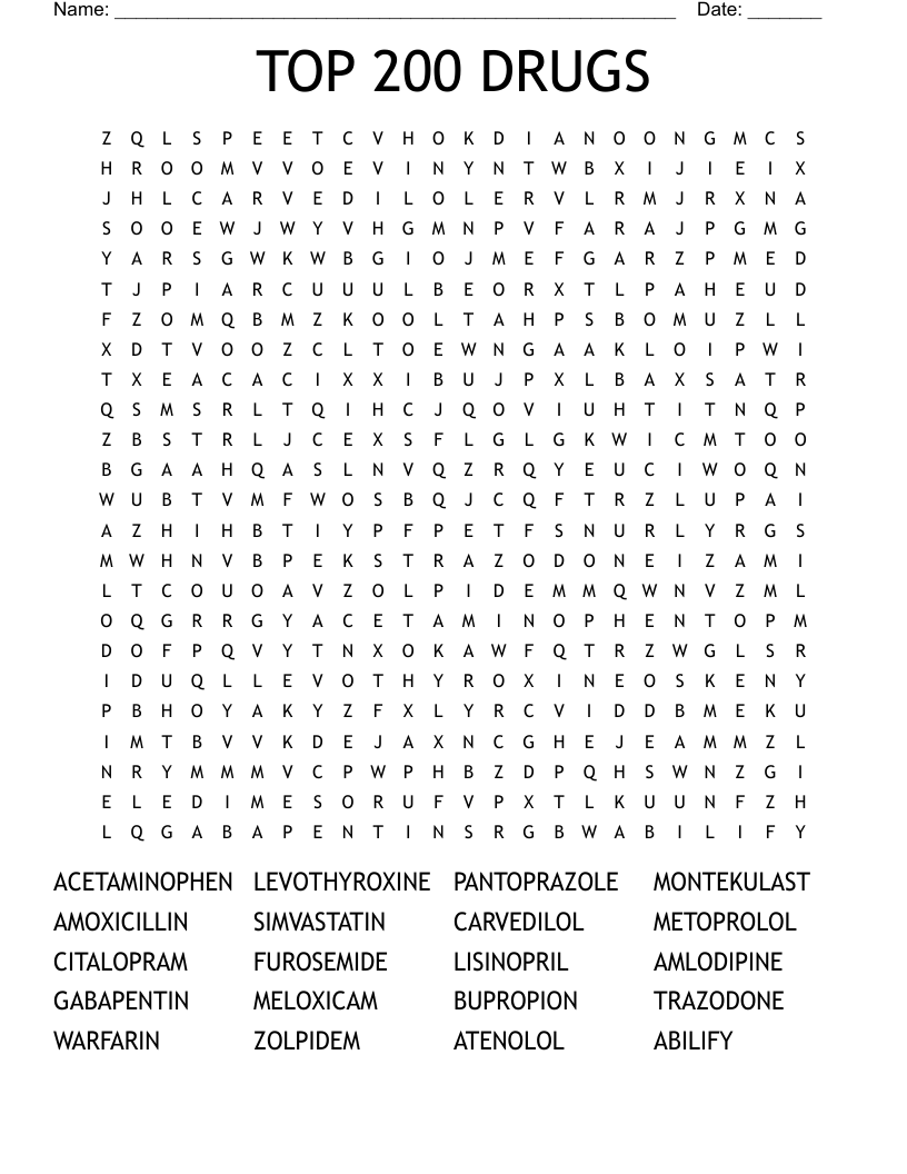 TOP 200 DRUGS Word Search