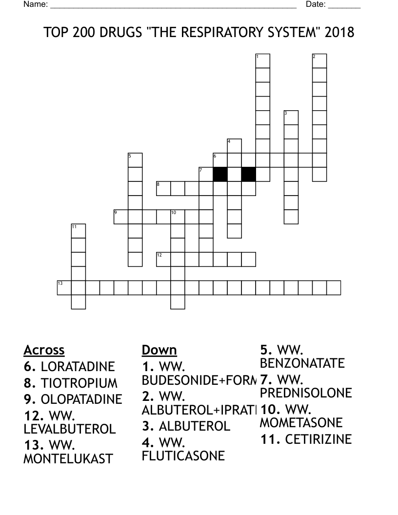 TOP 200 DRUGS  "THE RESPIRATORY SYSTEM" 2018 Crossword