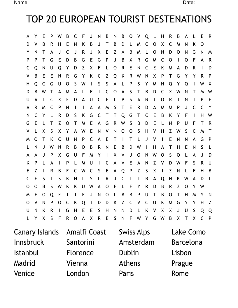TOP 20 EUROPEAN TOURIST DESTENATIONS  Word Search