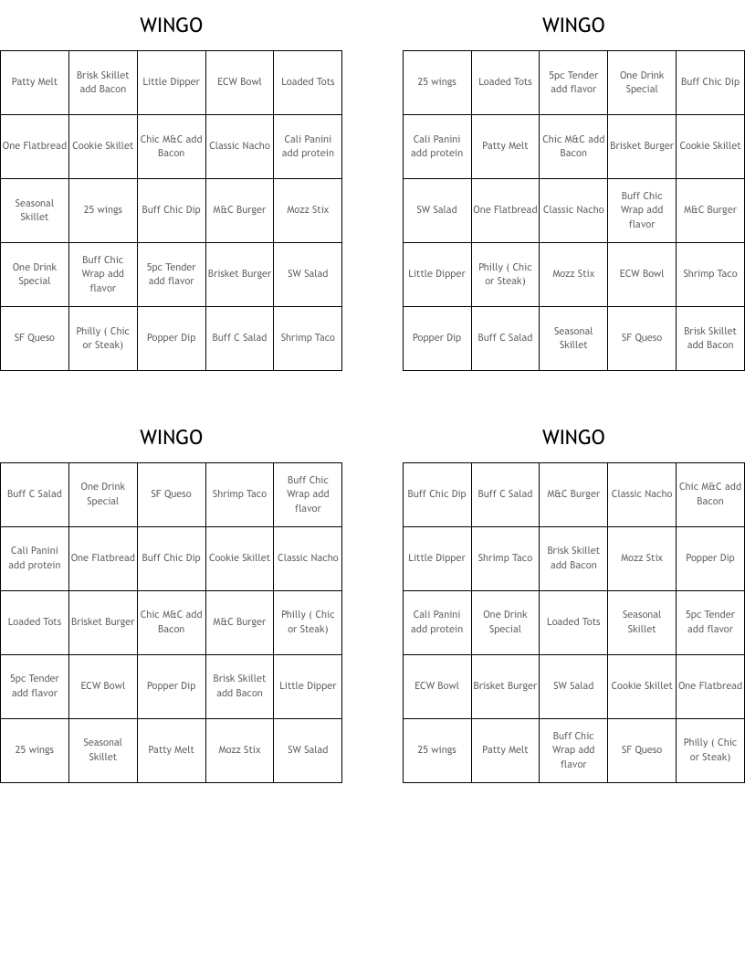 WINGO Bingo Cards