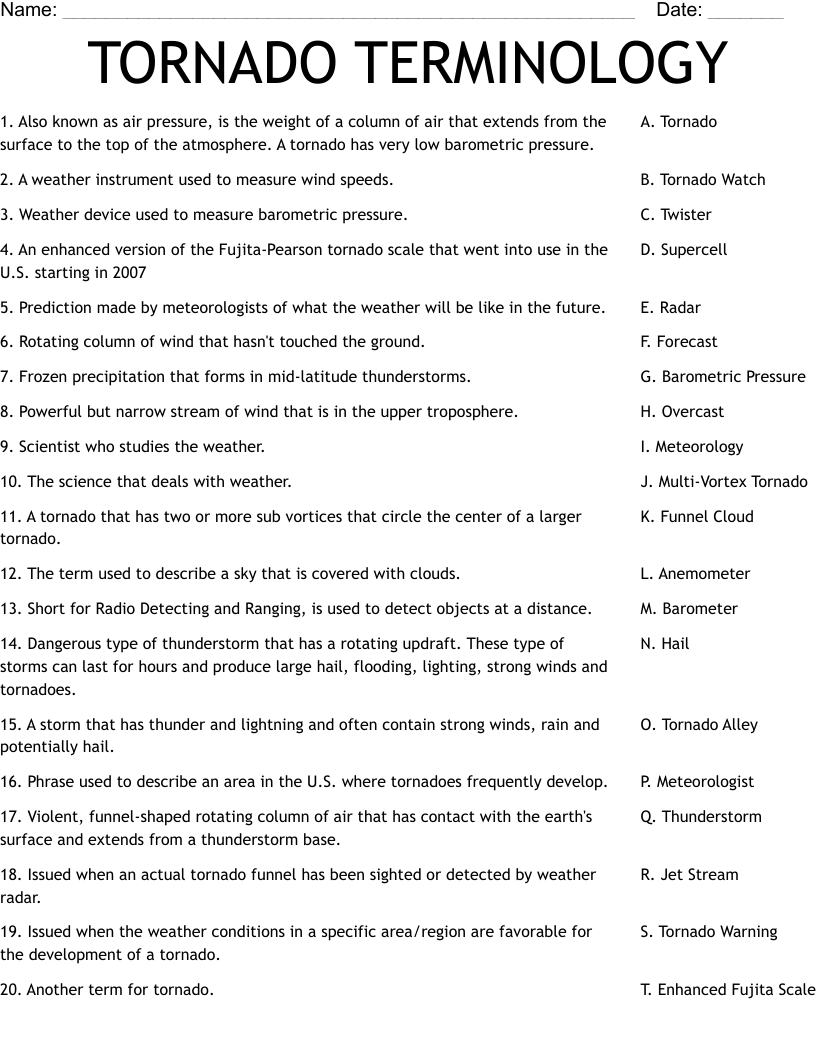 TORNADO TERMINOLOGY Worksheet