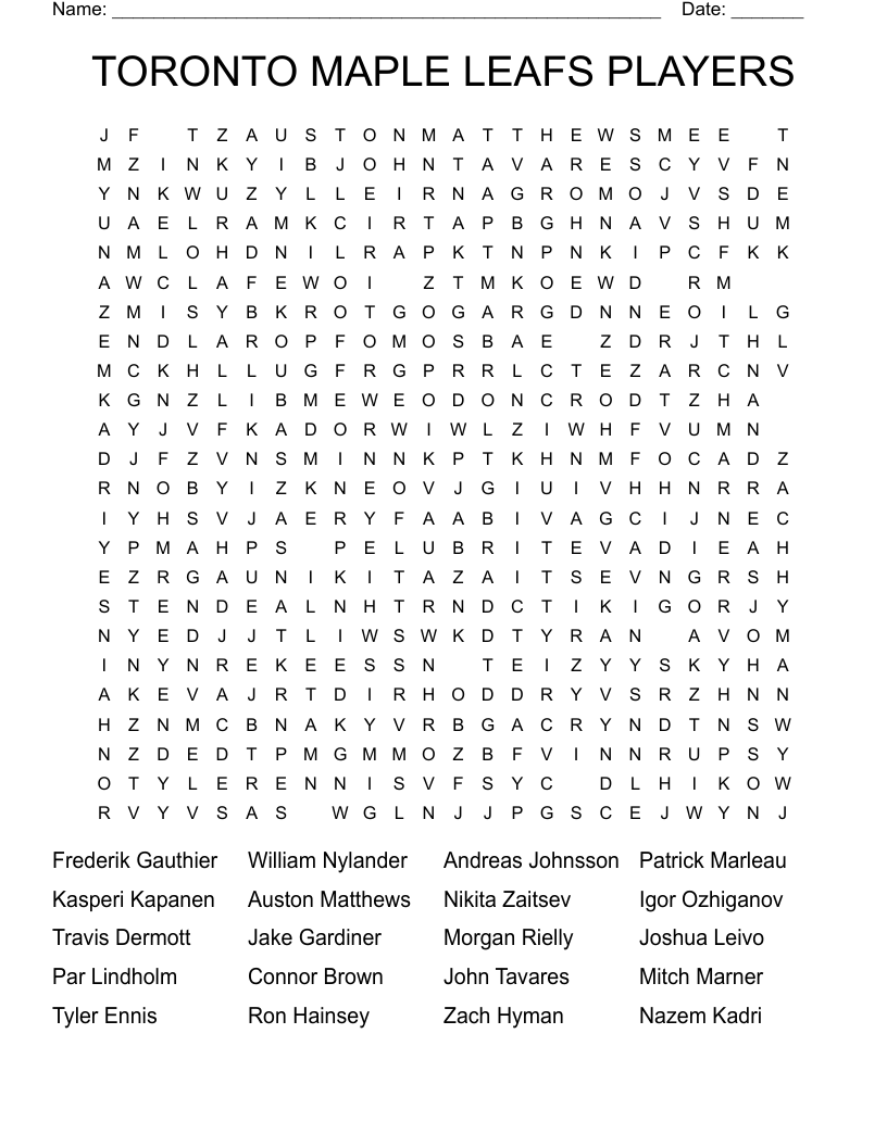 TORONTO MAPLE LEAFS PLAYERS Word Search