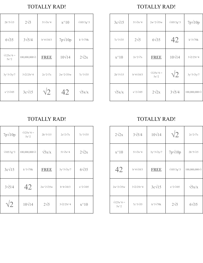TOTALLY RAD! Bingo Cards