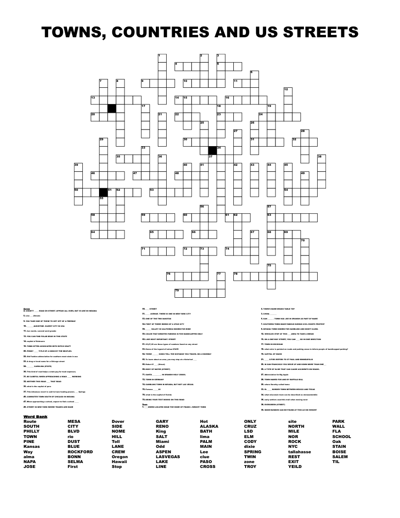 TOWNS, COUNTRIES AND US STREETS Crossword