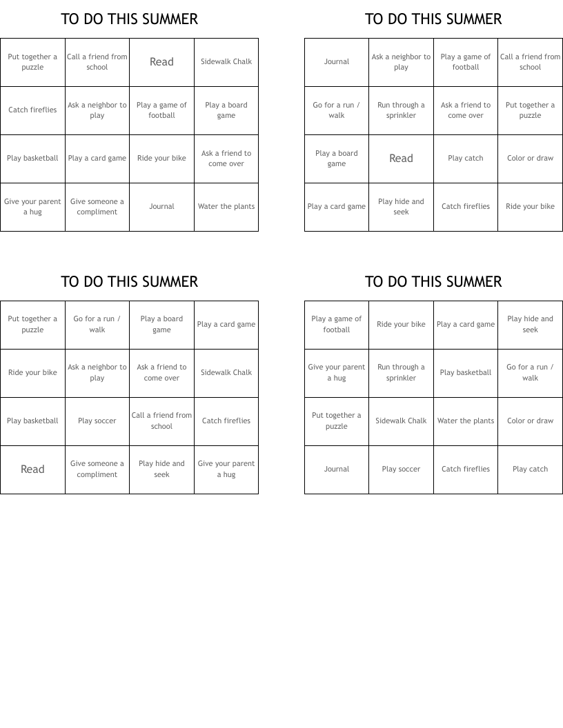 TO DO THIS SUMMER Bingo Cards