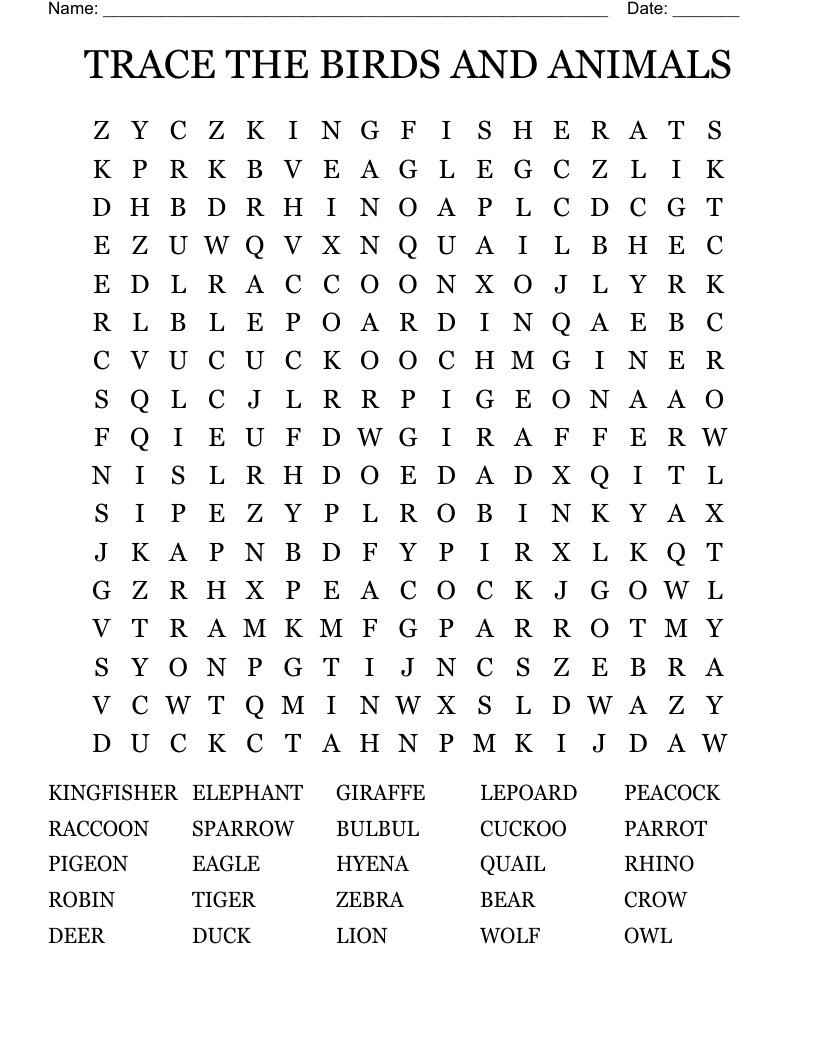 TRACE THE BIRDS AND ANIMALS Word Search