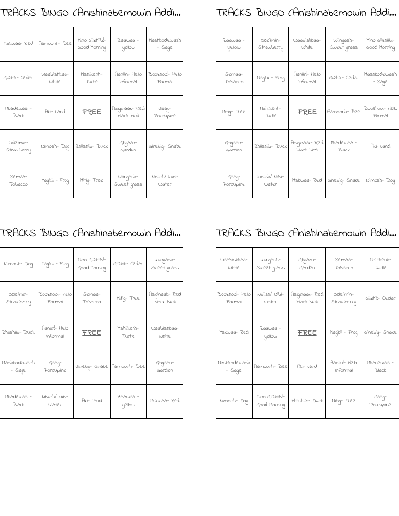 TRACKS BINGO (Anishinabemowin Addition)