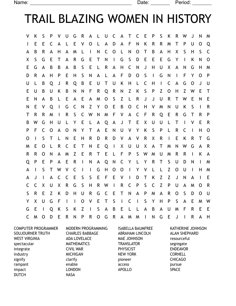 TRAIL BLAZING WOMEN IN HISTORY Word Search