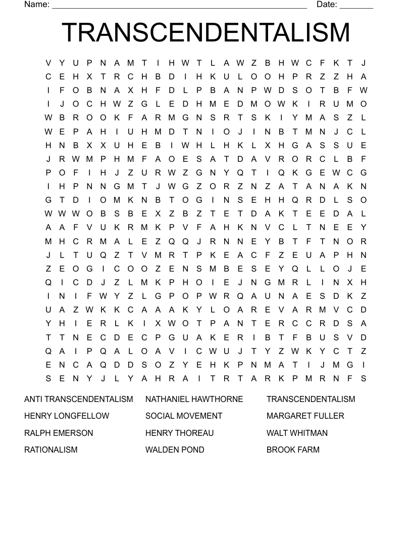 TRANSCENDENTALISM Word Search