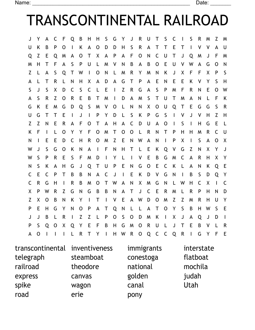 TRANSCONTINENTAL RAILROAD Word Search