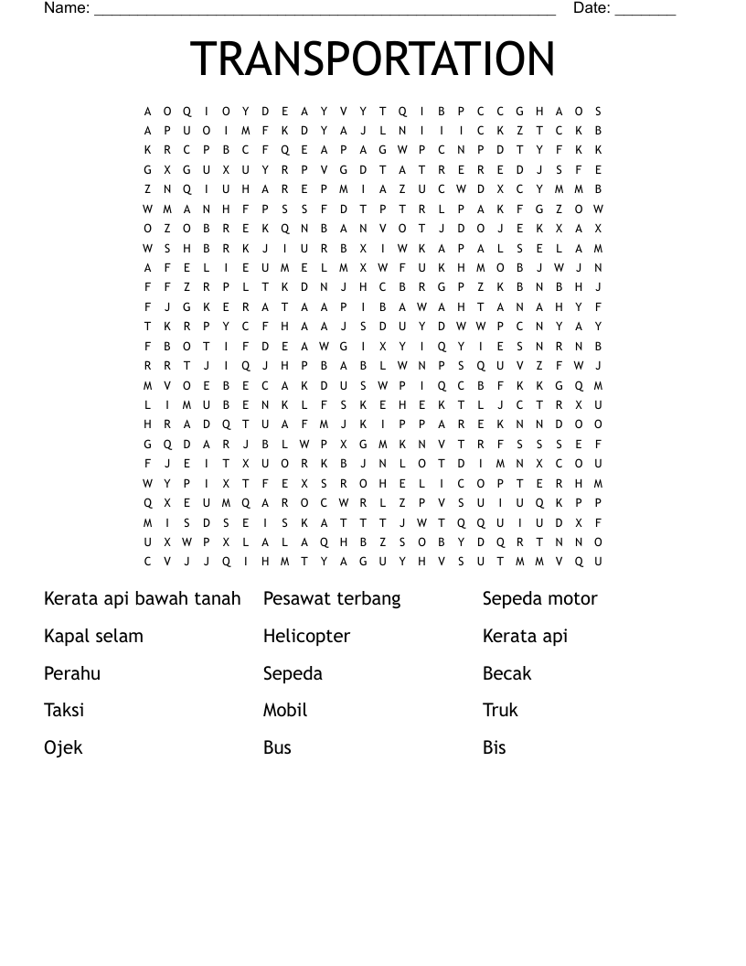 TRANSPORTATION  Word Search