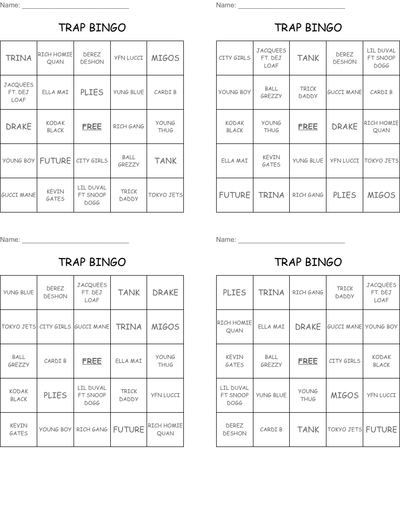 TRAP BINGO