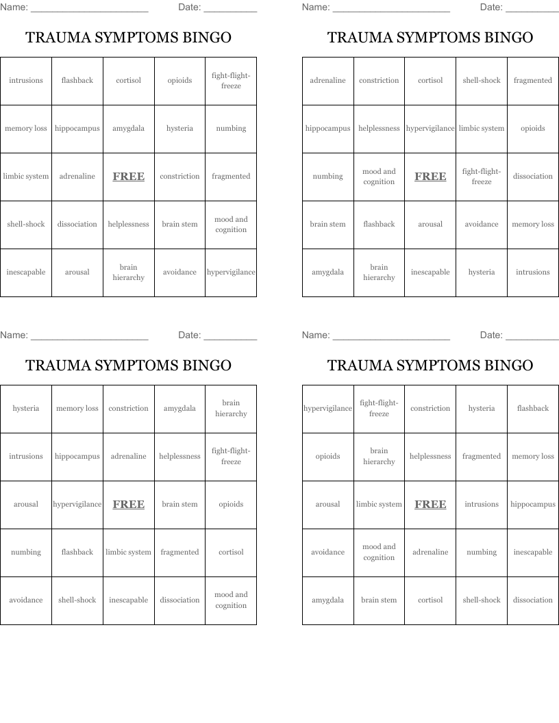 TRAUMA SYMPTOMS BINGO