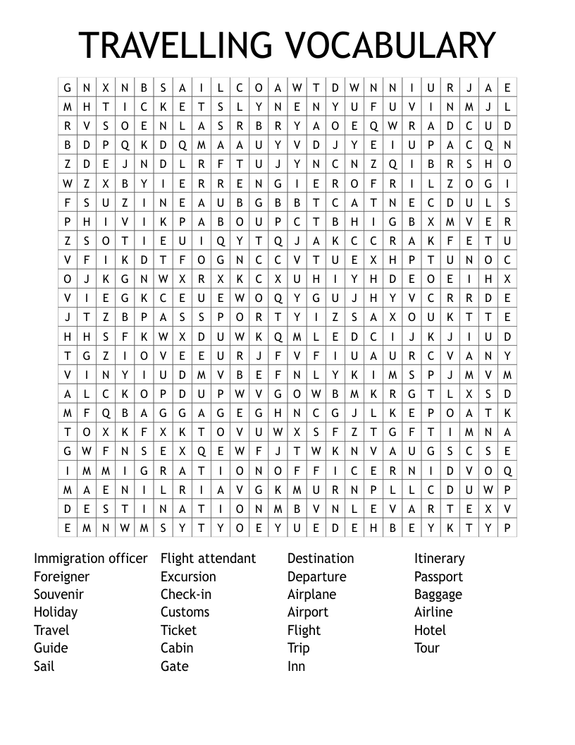 TRAVELLING VOCABULARY Word Search