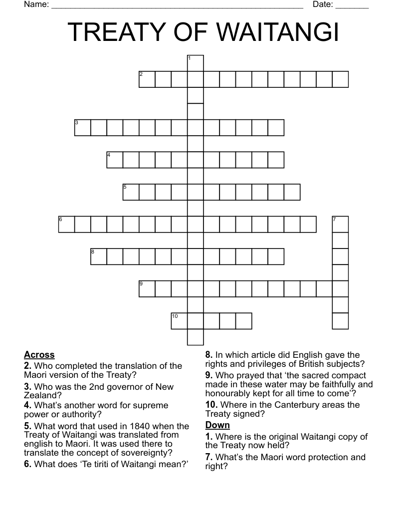 TREATY OF WAITANGI Crossword