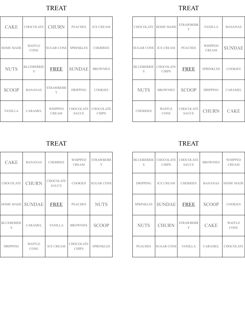 TREAT Bingo Cards