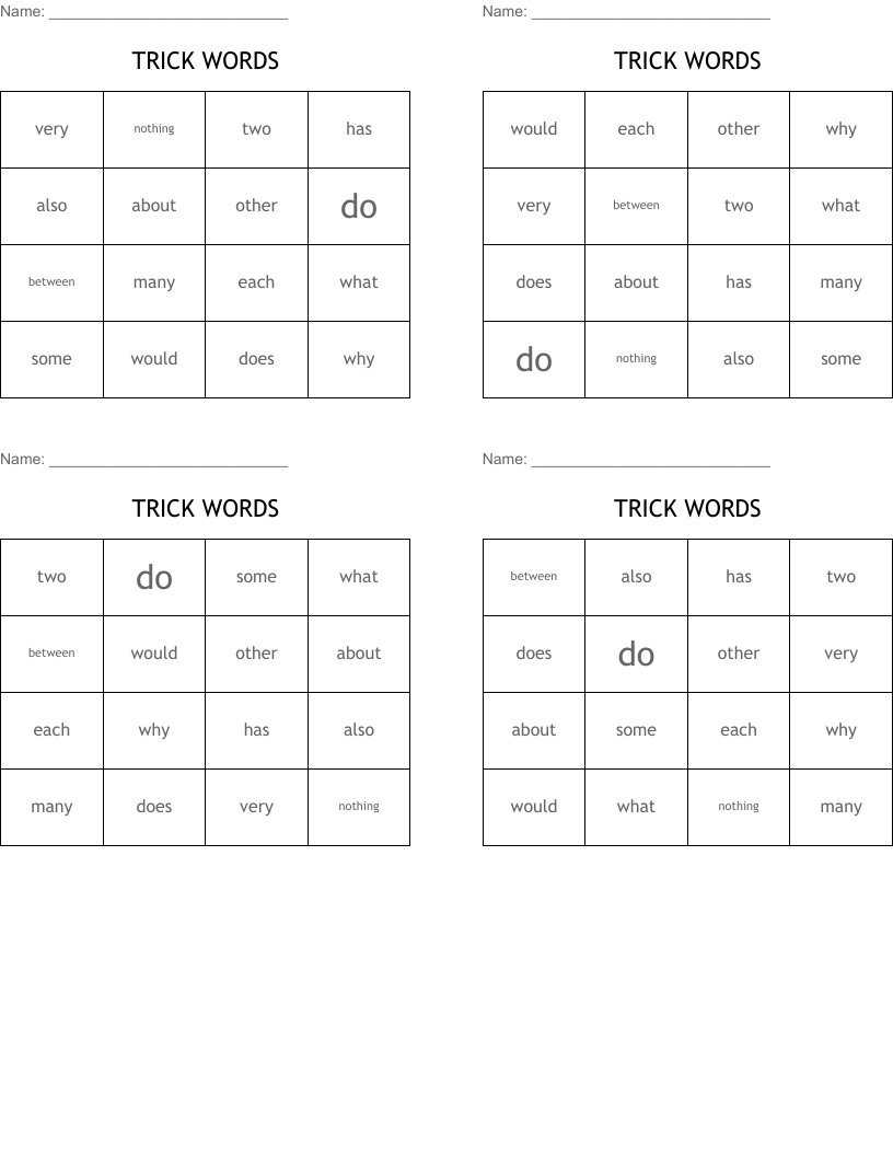TRICK WORDS Bingo Cards