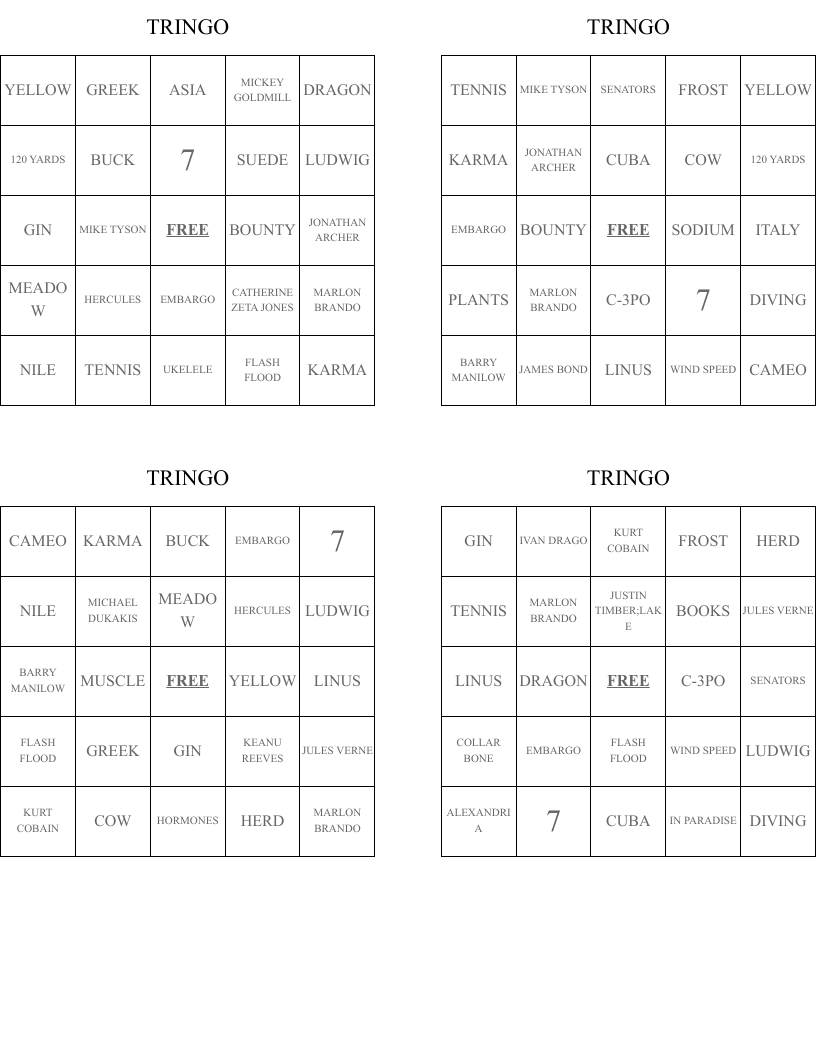 TRINGO Bingo Cards
