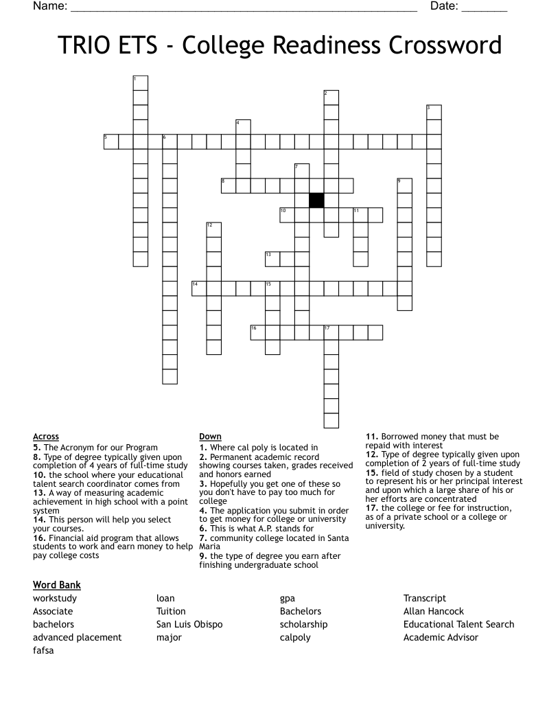 TRIO ETS - College Readiness Crossword