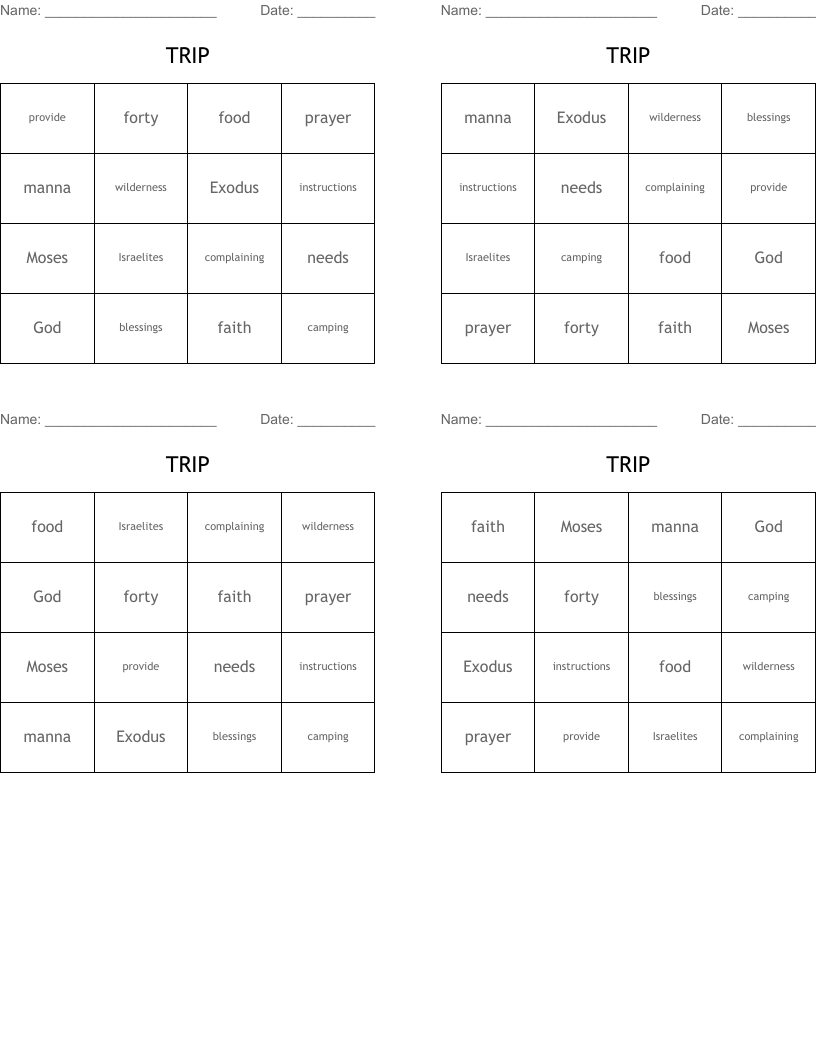 TRIP Bingo Cards
