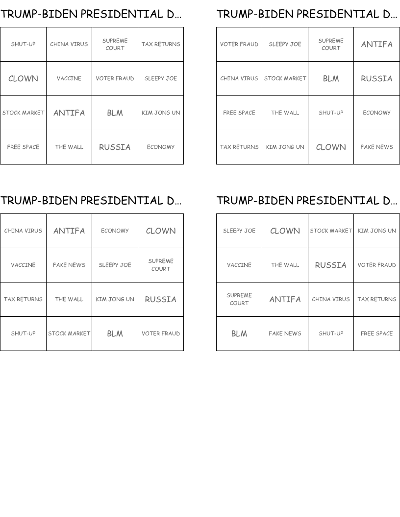 TRUMP-BIDEN PRESIDENTIAL  DEBATE Bingo Cards
