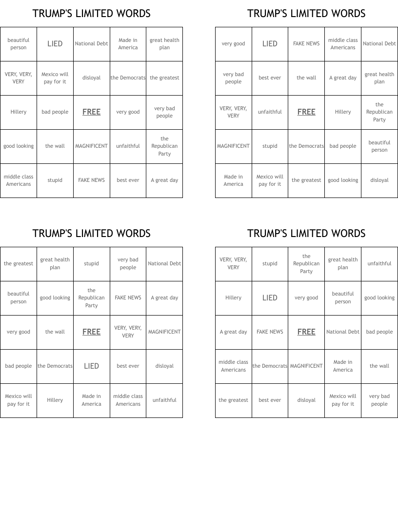 TRUMP'S LIMITED WORDS Bingo Cards
