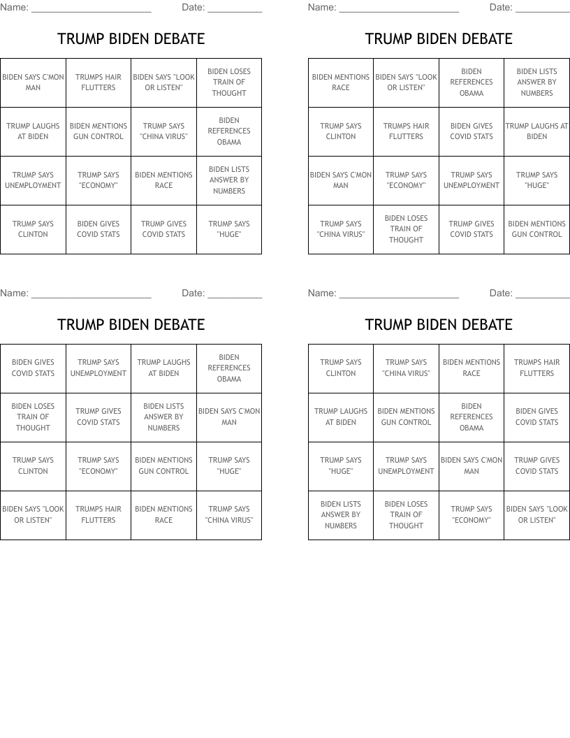 TRUMP BIDEN DEBATE Bingo Cards