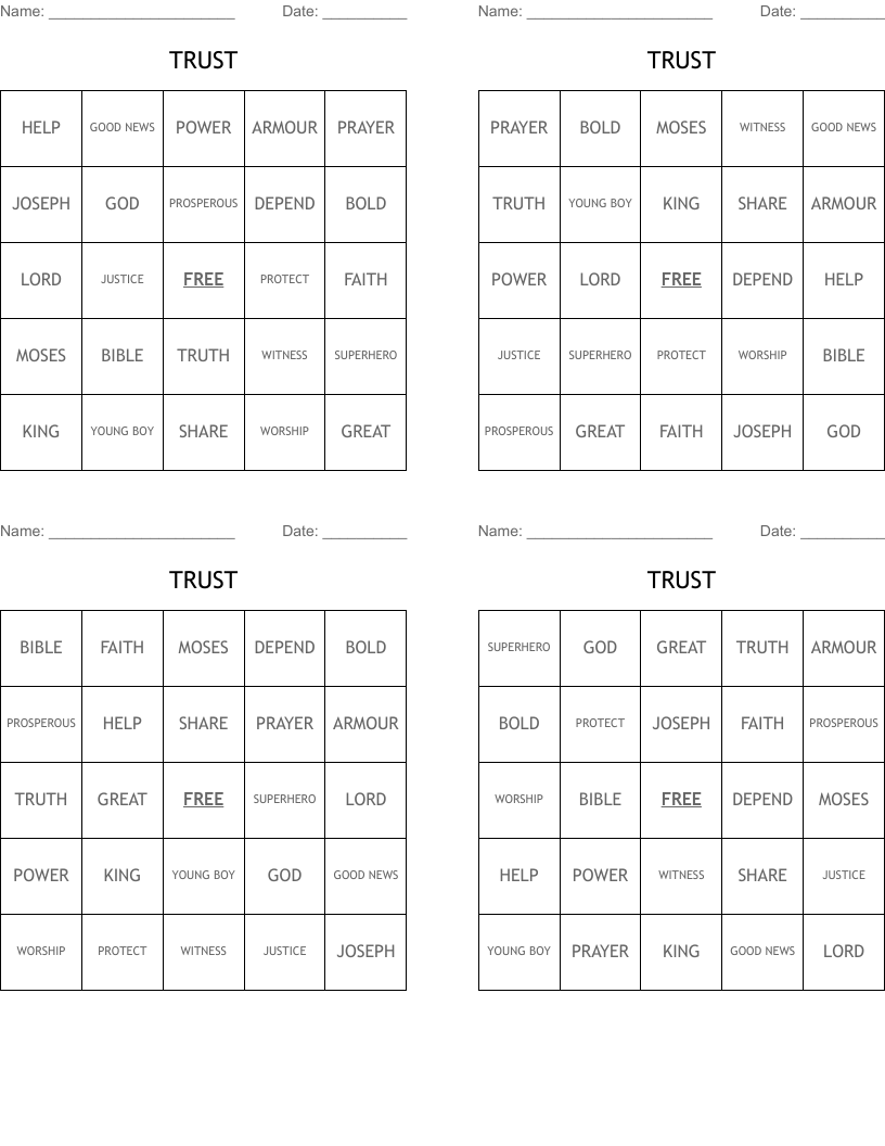 TRUST Bingo Cards