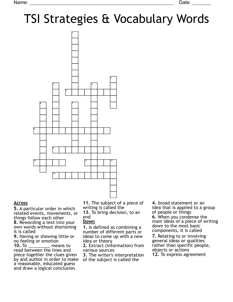 TSI Strategies & Vocabulary Words Crossword