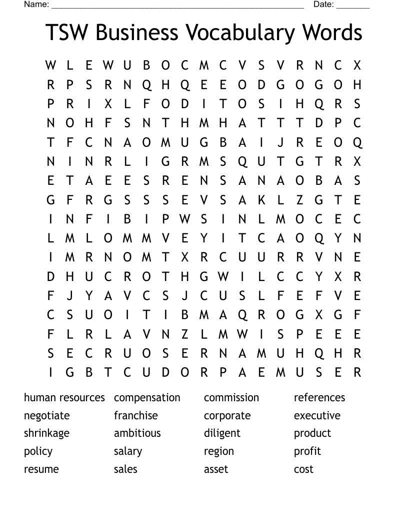 TSW Business Vocabulary Words  Word Search