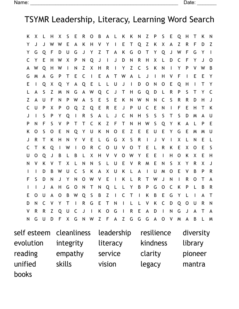 TSYMR Leadership, Literacy, Learning Word Search