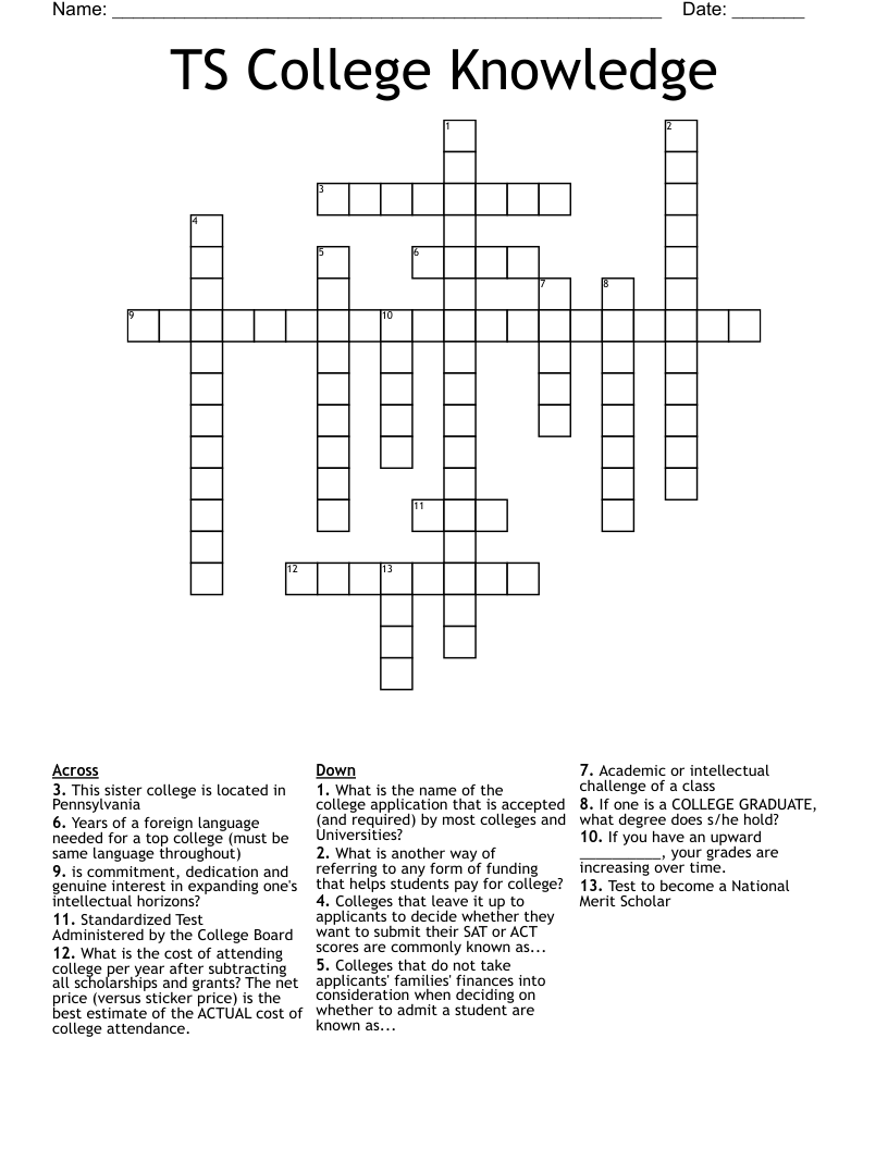 TS College Knowledge Crossword
