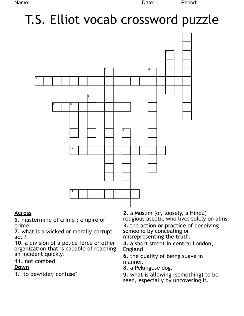 T.S. Elliot vocab crossword puzzle