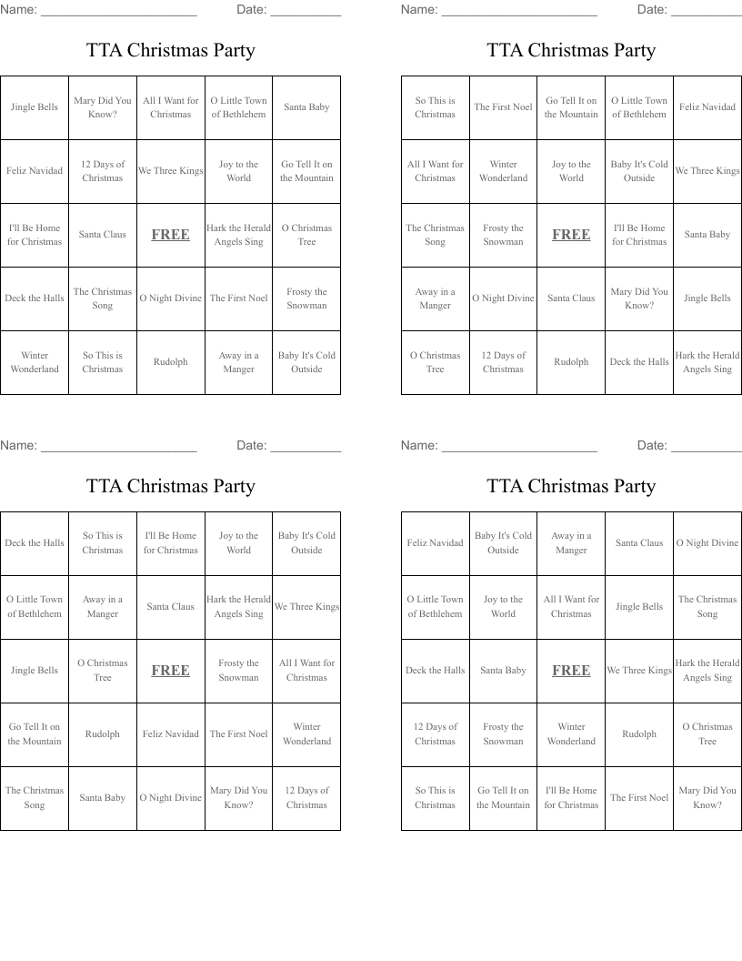 TTA Christmas Party Bingo Cards