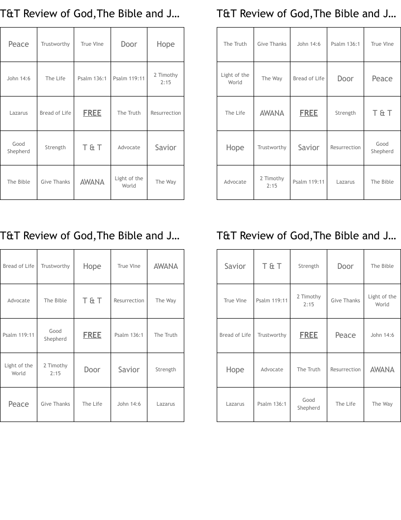 T&T Review of God,The Bible and Jesus Bingo Cards