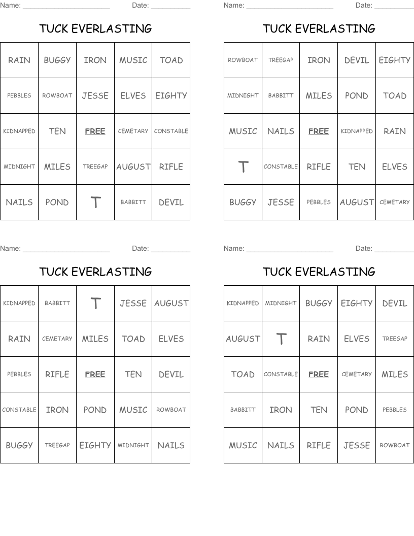 TUCK EVERLASTING Bingo Cards