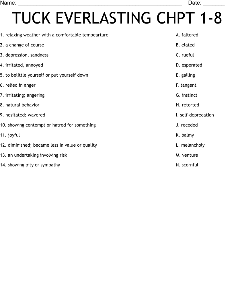 TUCK EVERLASTING CHPT 1-8 Worksheet