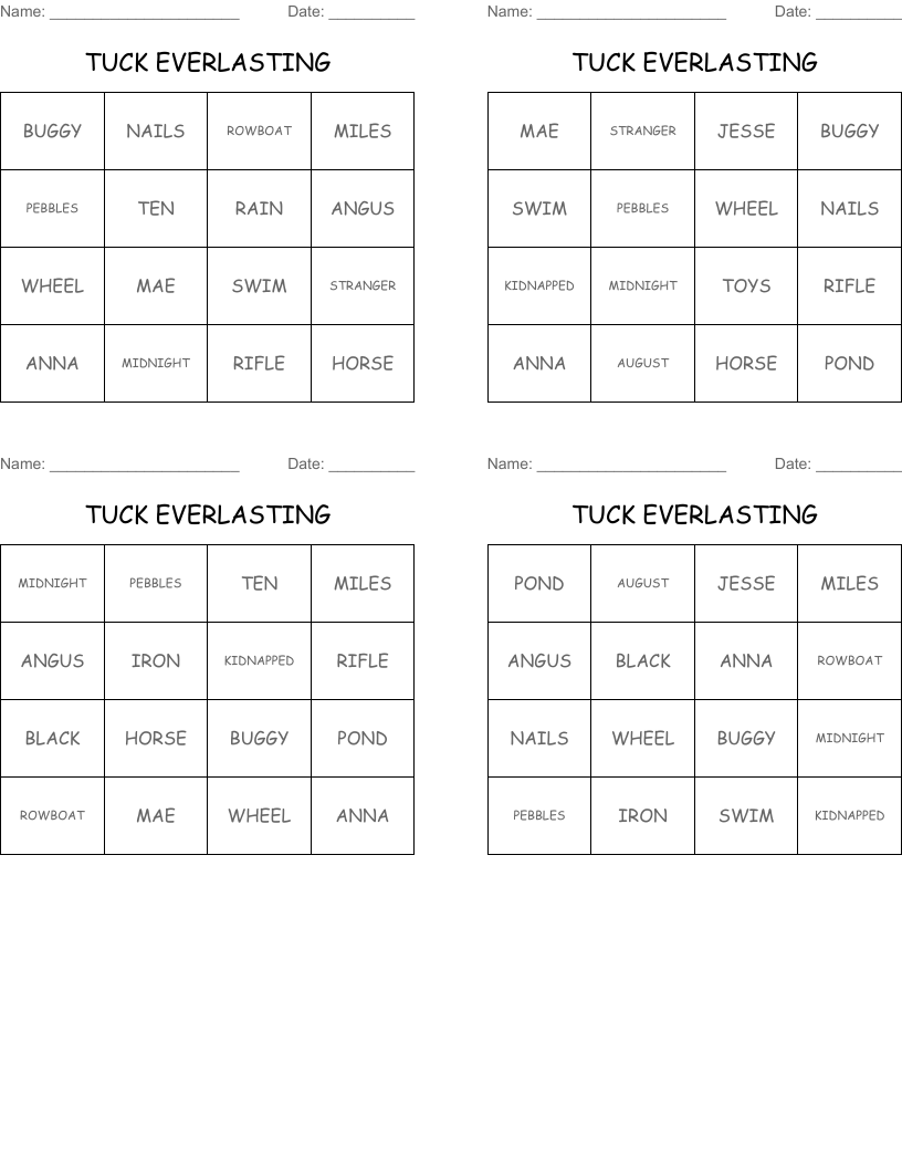 TUCK EVERLASTING  Bingo Cards