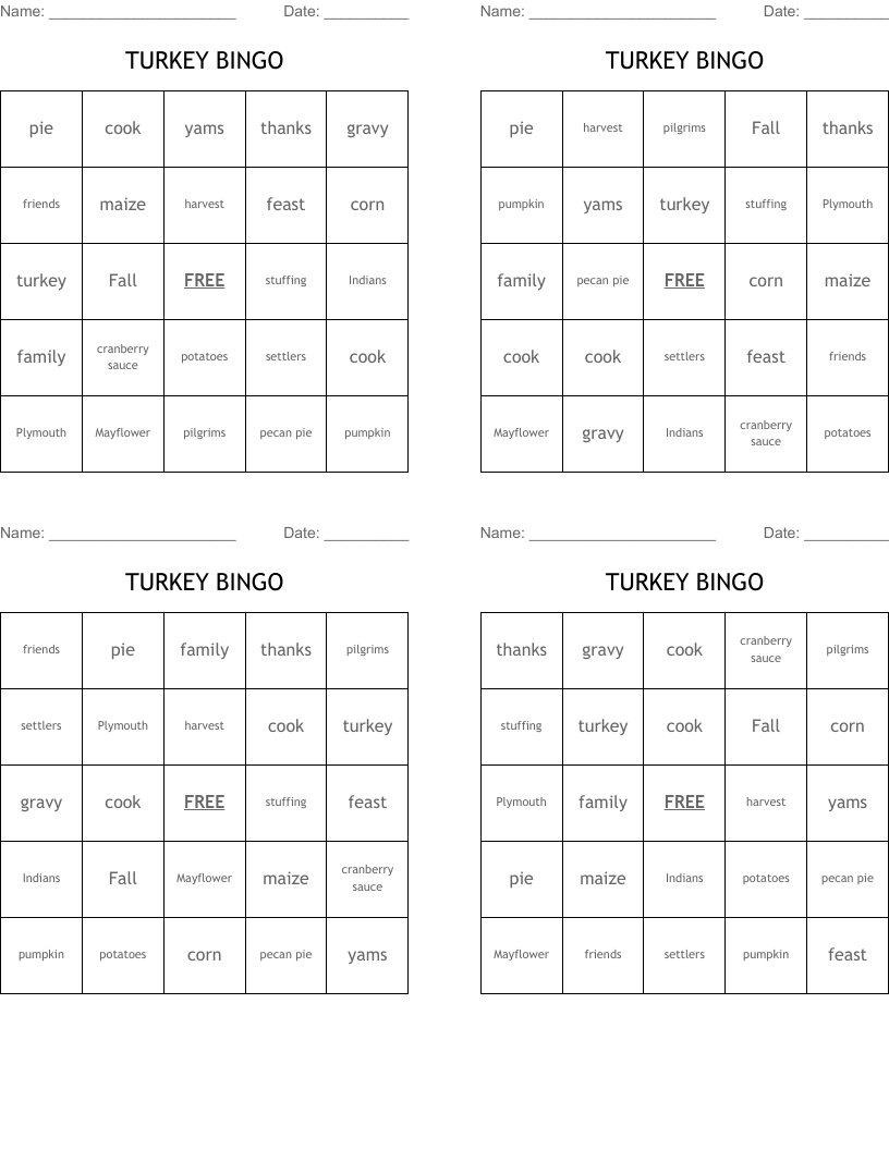 TURKEY BINGO