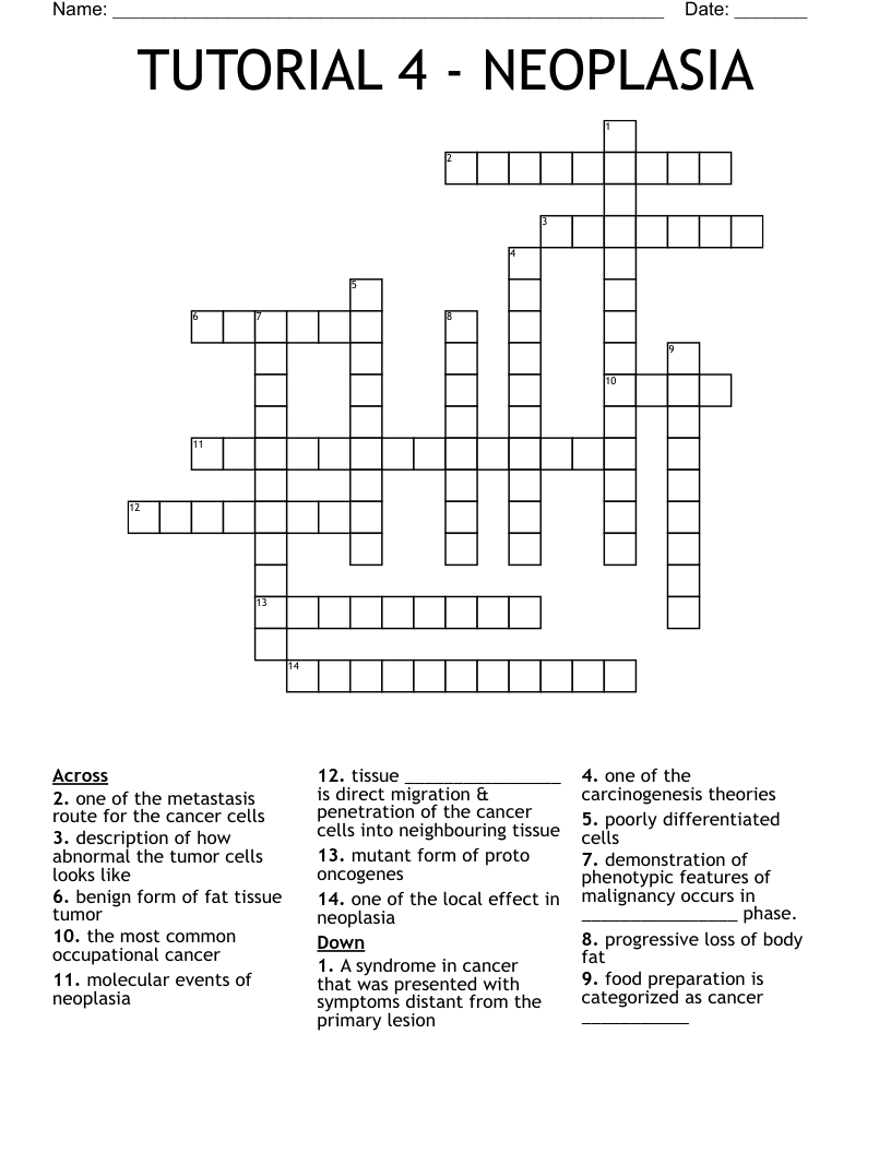 TUTORIAL 4 - NEOPLASIA Crossword