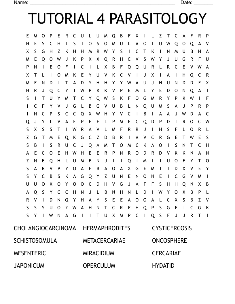 TUTORIAL 4 PARASITOLOGY Word Search