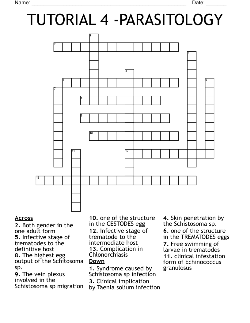TUTORIAL 4 -PARASITOLOGY Crossword
