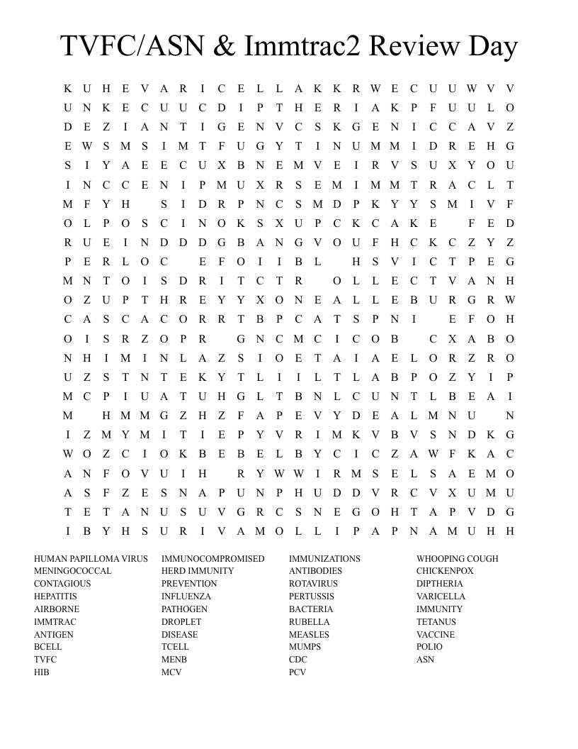 TVFC/ASN & Immtrac2 Review Day Word Search