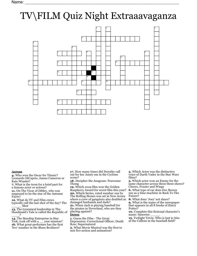 TV\FILM Quiz Night Extraaavaganza Crossword