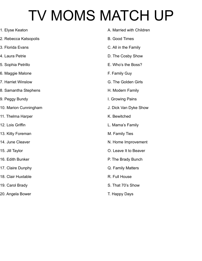 TV MOMS MATCH UP Worksheet