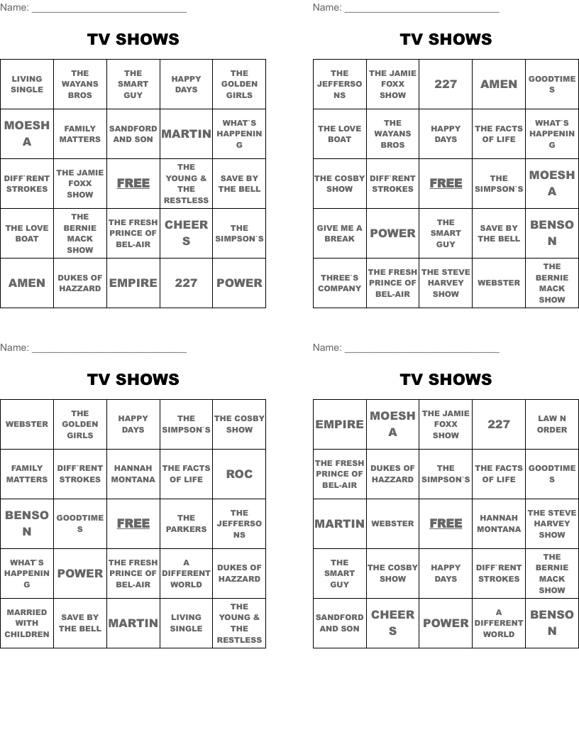 TV SHOWS Bingo Cards