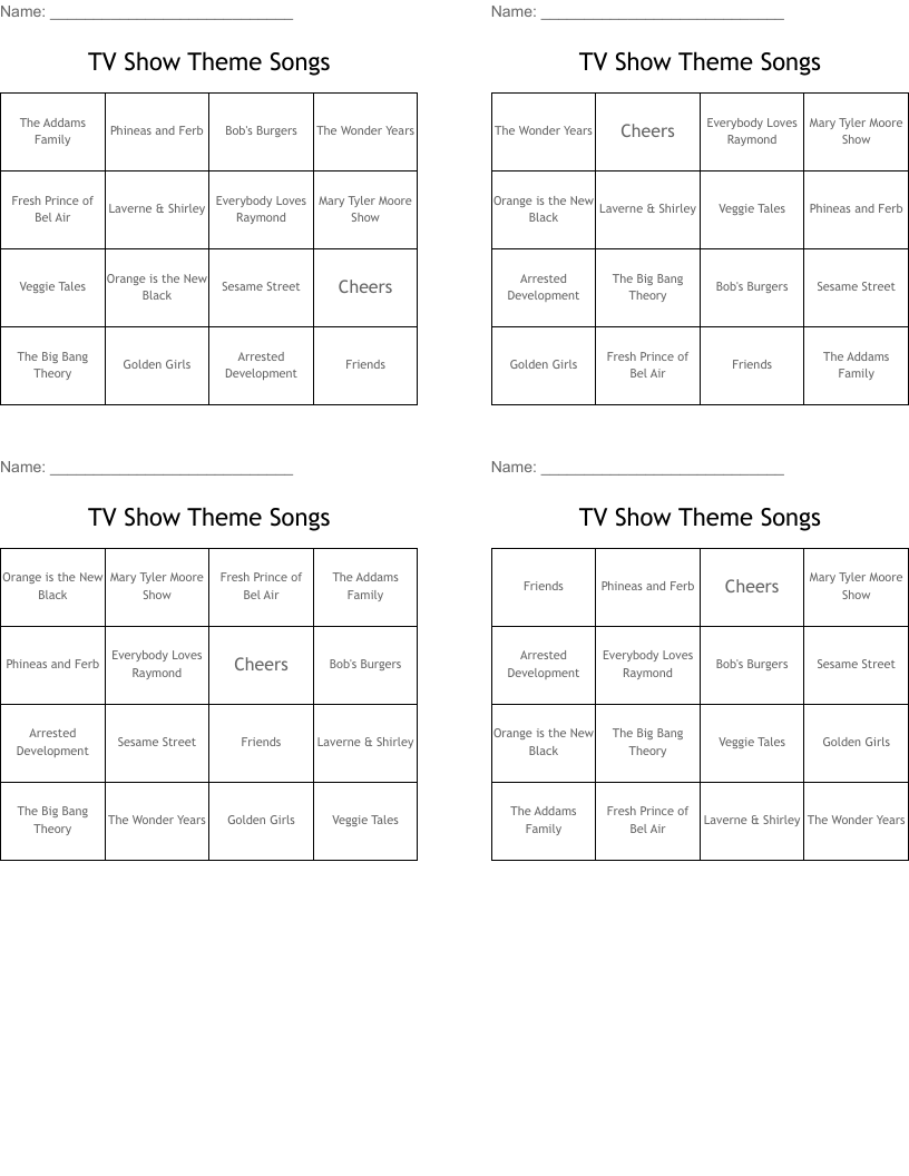 TV Show Theme Songs Bingo Cards