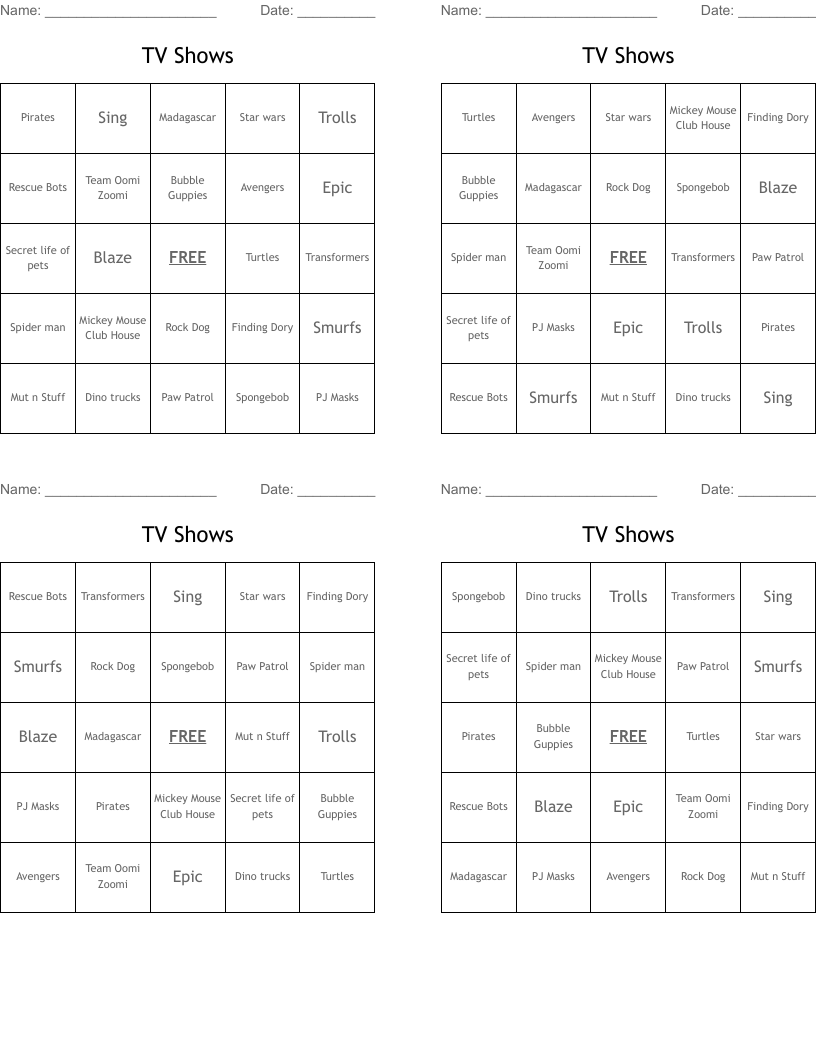 TV Shows Bingo Cards