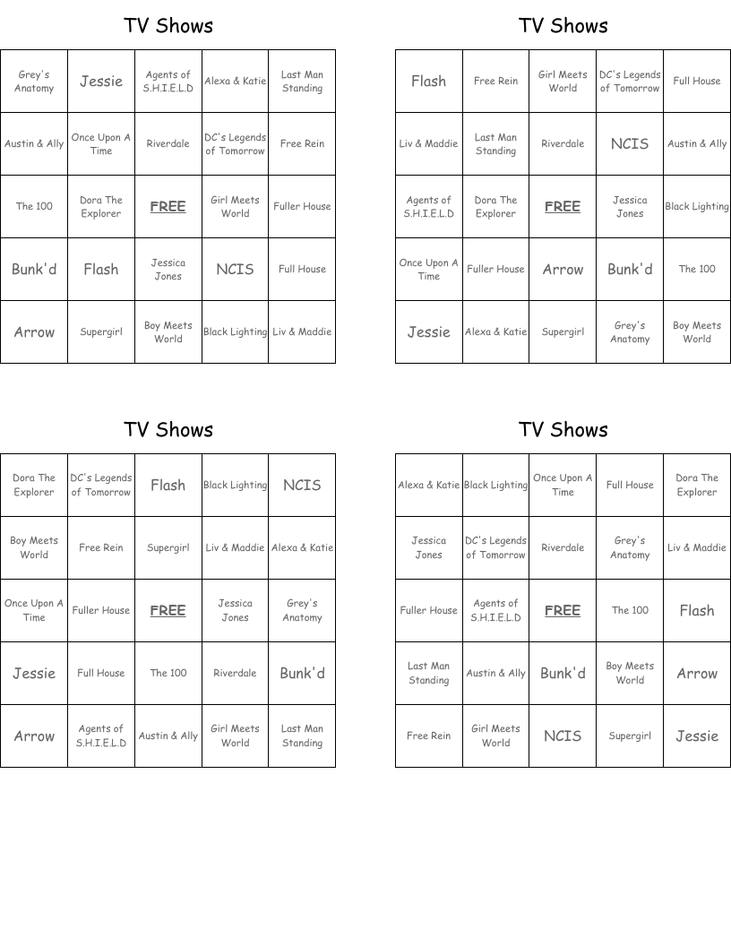 TV Shows Bingo Cards